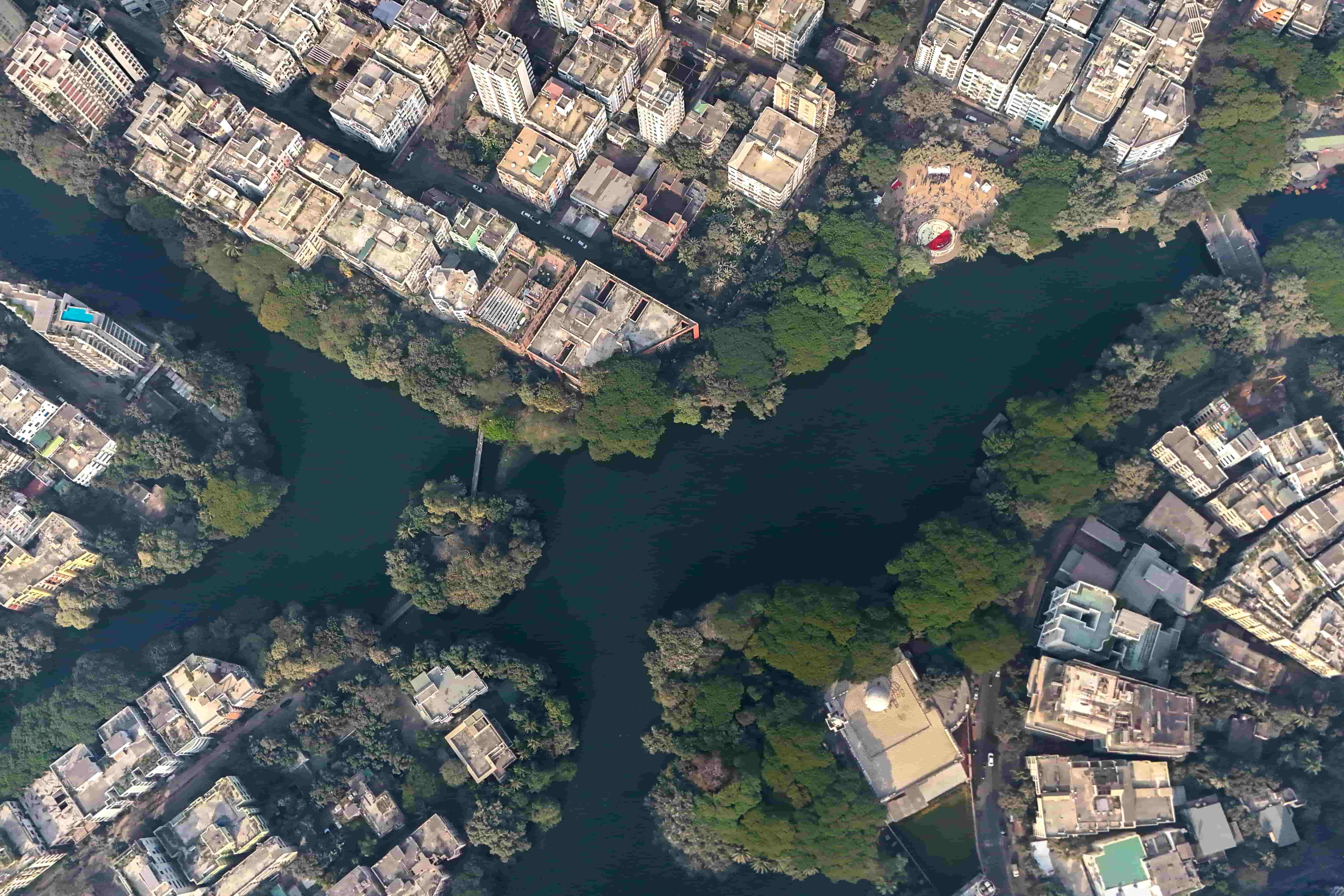 Aerial view of a lake within a city