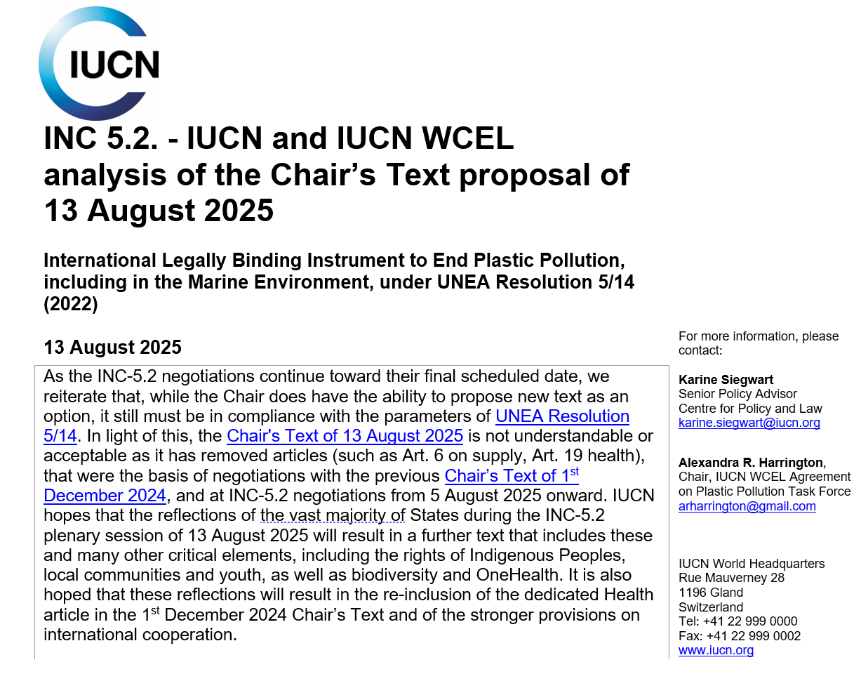 IUCN and IUCN WCEL analysis of the Chair’s Text proposal of 13 August 2025